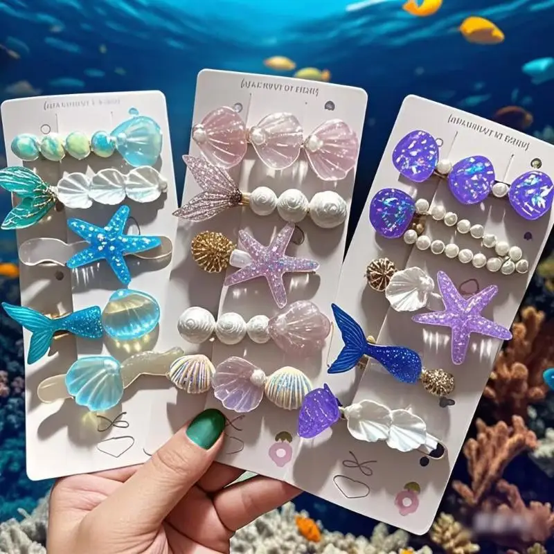 5-teiliges Set Muschel-Seestern-Haarspangen, Meerjungfrauen-Haarnadeln, Sommer-Strand-Haaraccessoires für Mädchen – Detail 6