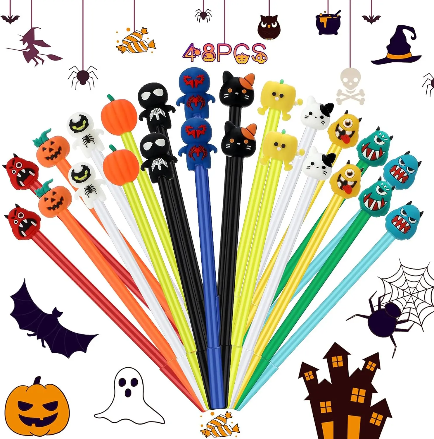 

48 Pcs Halloween Pens Fun Halloween Pumpkin Roller Ball Pens Cute Cartoon Cat Ghost Gel Ink Novelty for Student Stationery Class