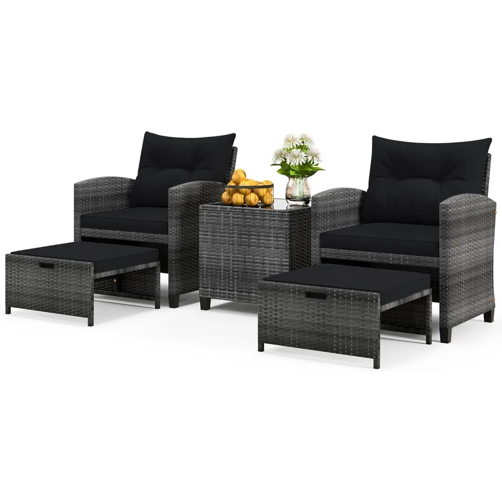 

5 Pieces Patio Furniture Set with Ottoman, Wicker Conversation Set w/Cushions, Glass Coffee Table, Outdoor Lounger Rattan Chair