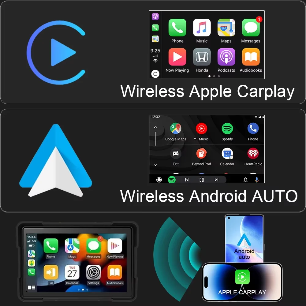 6 inch Motorcycle Navigation GPS DVR Wireless CarPlay Android Auto Portable Smart Display Waterproof HD Recording Camera