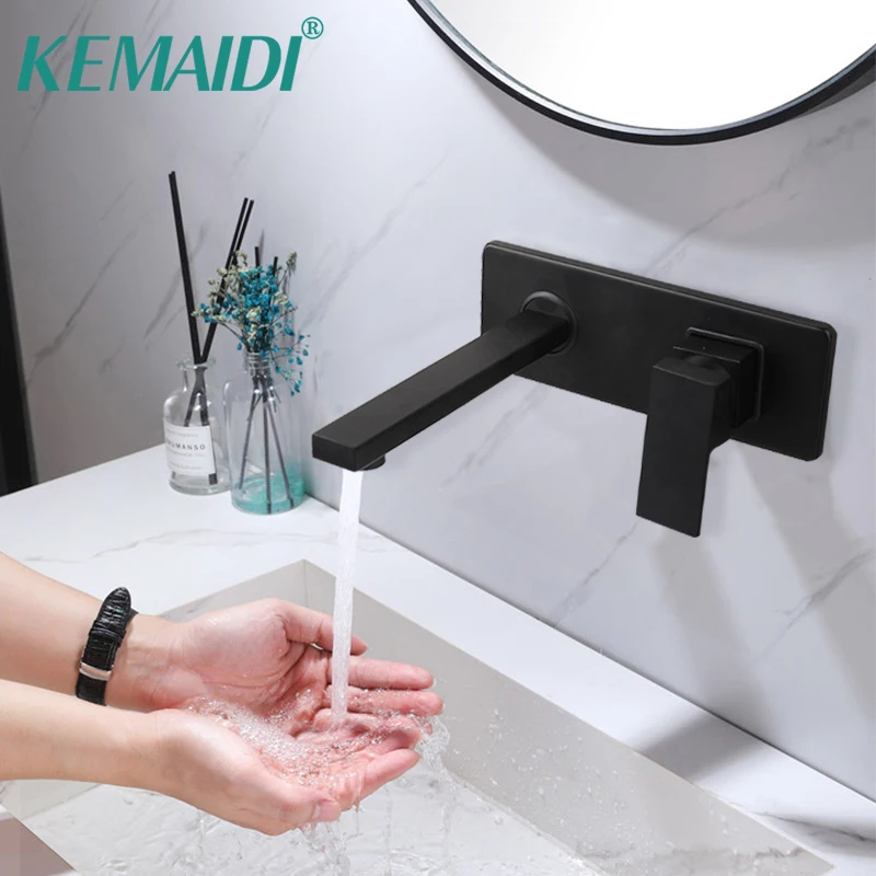 KEMAIDI Black  Wall Mounted Tap for Sink Bathroom Basin Sink Faucet Solid Brass Hot & Cold Mixer Matte Black Bathtub Faucets