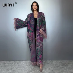 WINYI winter autumn catwalk coat for women fashion print tassel Luxury Long OverCoat Thick Warm long down coat fashion jacket