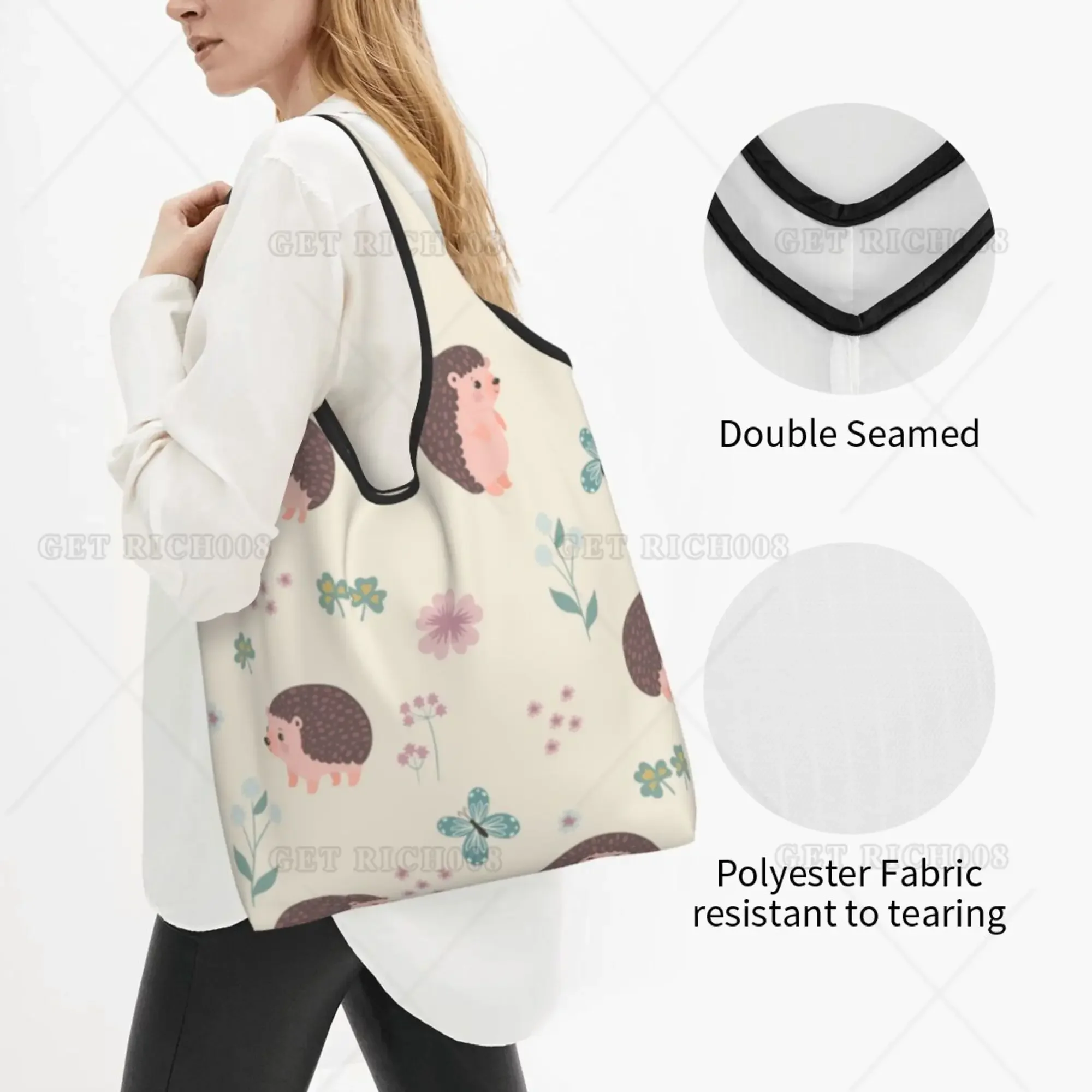 Bolso de compras plegable con estampado Floral para mujer, bolsa de supermercado portátil sin cremallera, lindo Animal, erizo