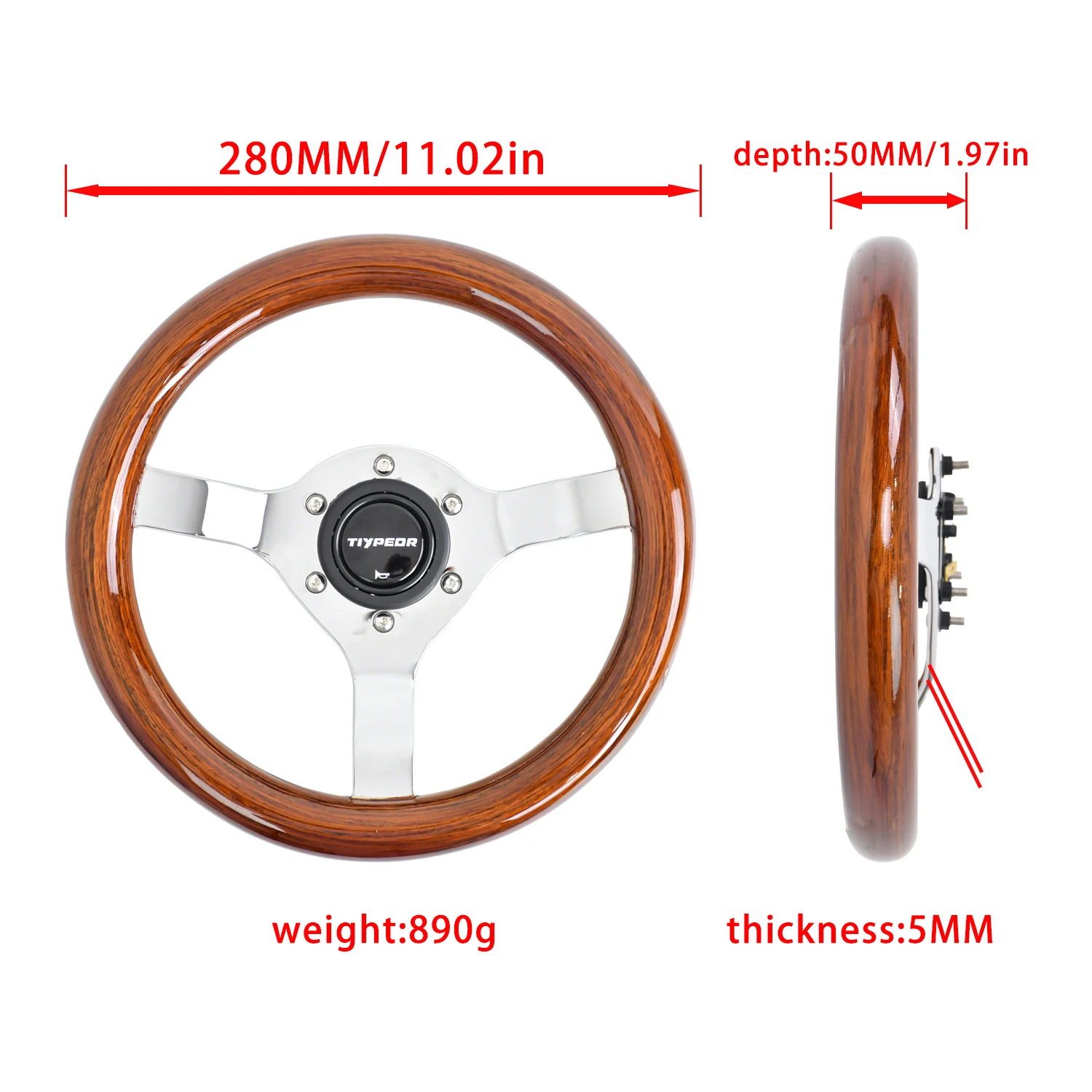 280mm Small Wooden Steering Wheel PCD70mm Sports Steering Wheel 6-Hole Installation Racing Steering Wheel Suitable for Game Cars