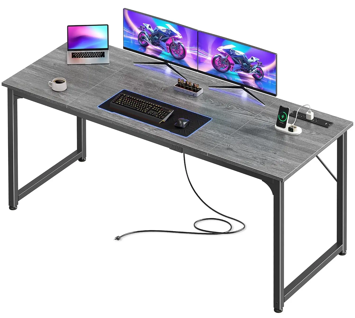 

63x24 Inch Computer Desk with Power Outlets & USB-C Port Gaming Study Home Office Metal Frame Grey, Customized