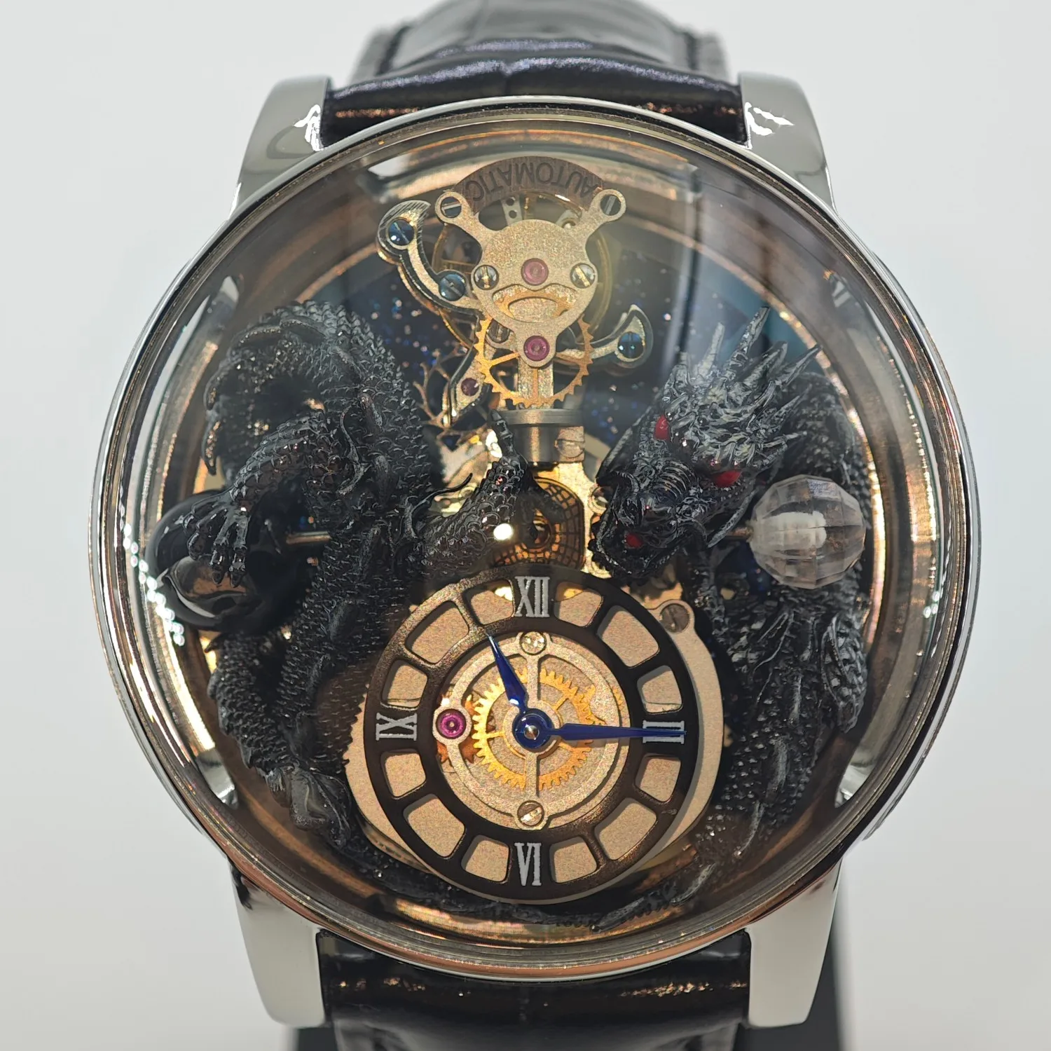 

ROKATIE Quartz Watches Switzerland Movement Leather Band Black Dragon Relief Wristwatch 316L Steel Transparent Case Men Watch