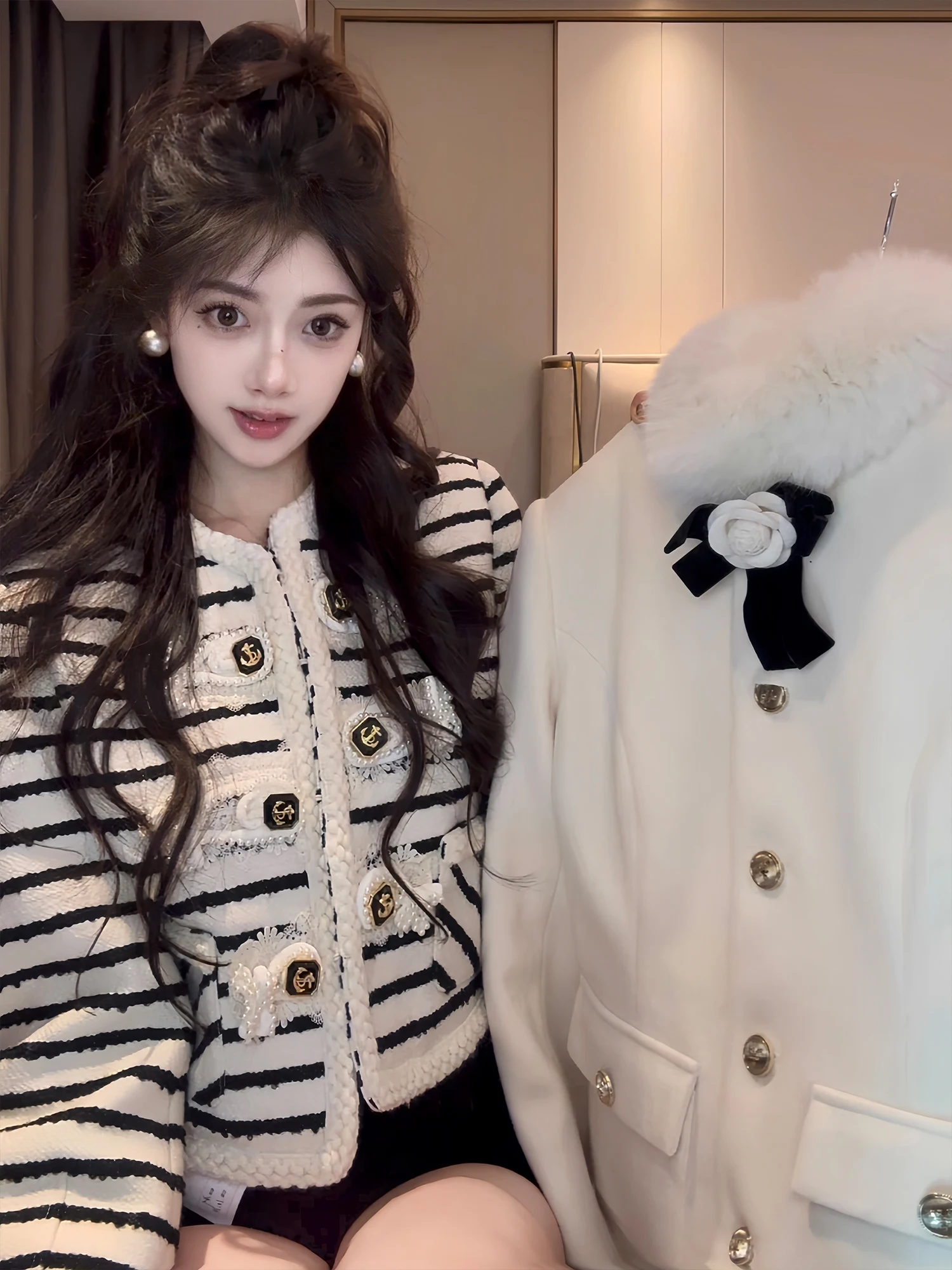 J Studio Handmade Workop Heavyweight Striped round Ne Angle oulder Pearl Button Women's Jaet Faionable ort Oute...