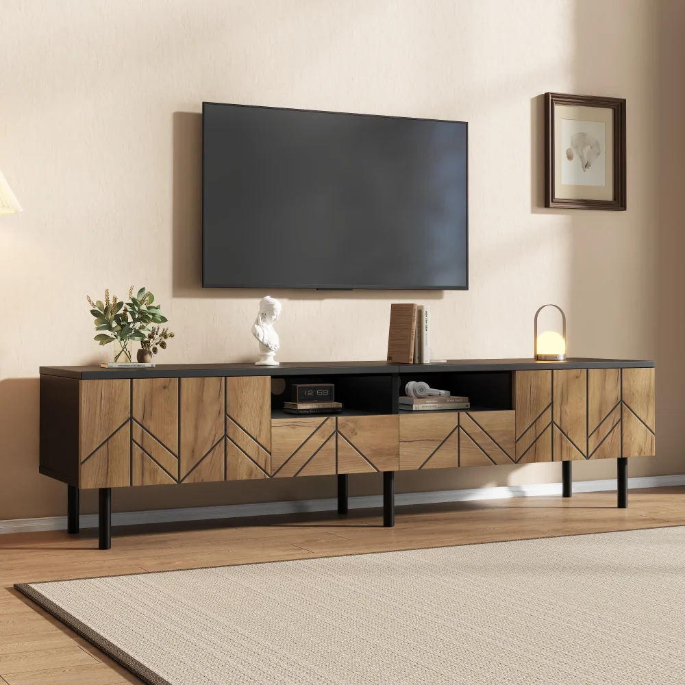Mueble para TV en Tono Madera Negra 180x40x45cm, Centro de Entretenimiento Moderno y Minimalista, Mueble para TV con 2 Cajones, 2 Puertas de Almacenamiento, Decoración Geométrica, Patas Elevadas