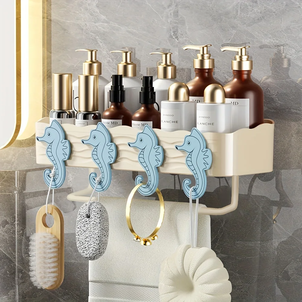 Seahorse Design Wall-Mounted  Rack, Non-Perforated Plastic Bathroom & Kitchen Organizer, Hanging Basket For Toiletries And Acces