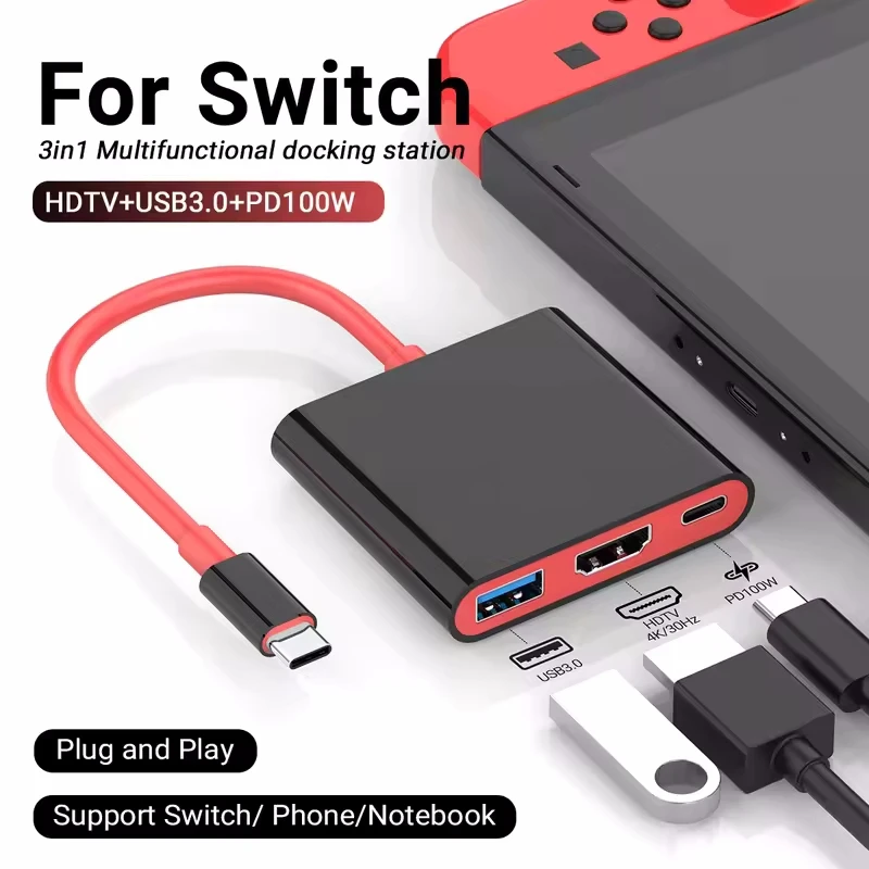 3 IN 1 4k/30hz/60hz Portable for Switch Dock Station TYPE-C Hub with HDMI Adapter Support TV Mode 100W Charge and USB 3.0 Ports
