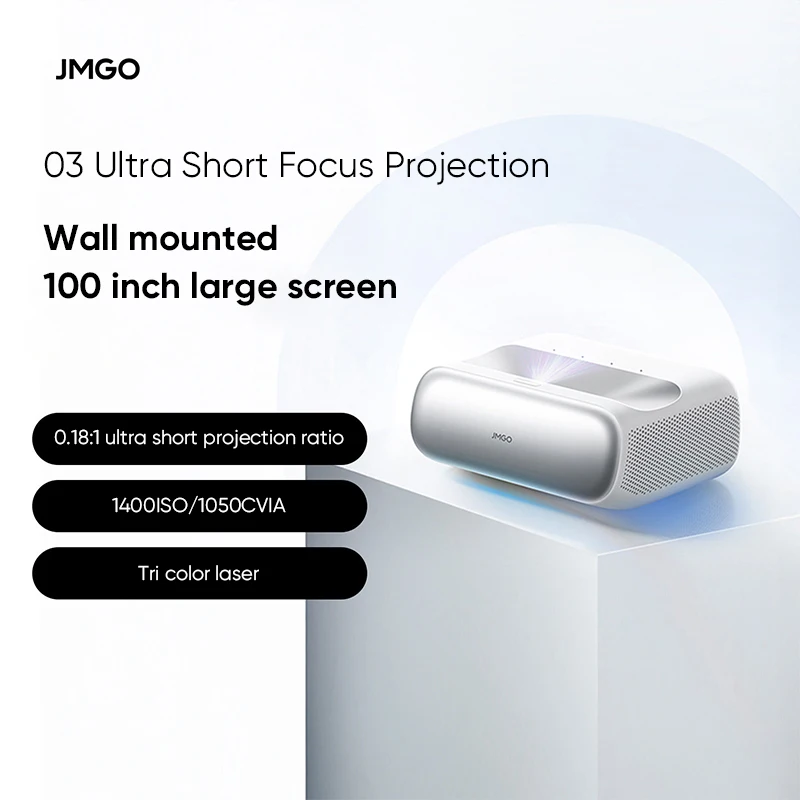 Лазерный проектор JMGO O3 Tri-Color с разрешением 1080P, 1050 CVIA люмен, ультракороткофокусный, для проекции на стену, с динамическим ИИ, для домашнего кинотеатра