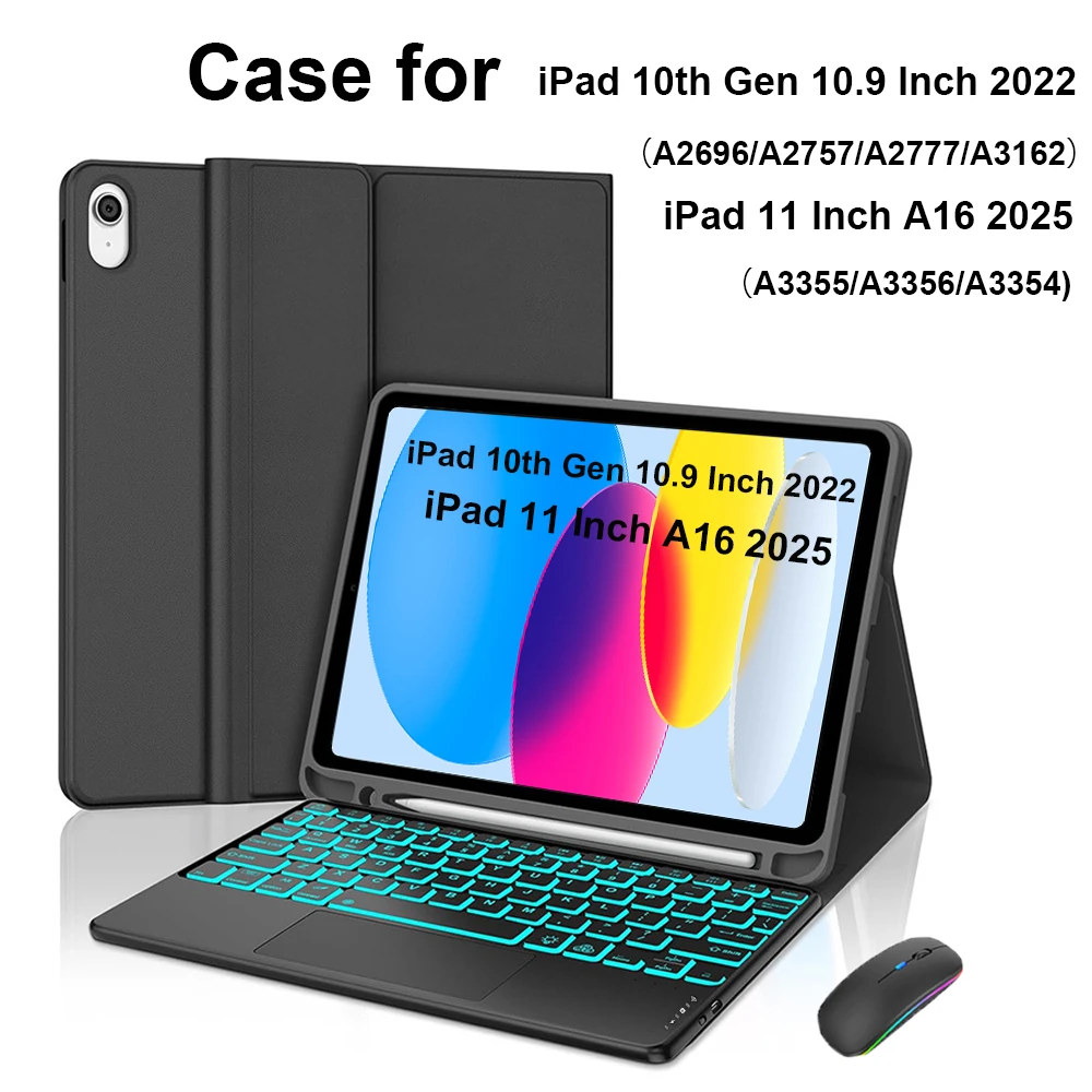 

Чехол для iPad A16 11 дюймов 2025 A3355 A3356 A3354, клавиатурная панель с Bluetooth-клавиатурой для iPad 10-го поколения 10,9 дюймов 2022 A2696 A2757 A2777 A3162