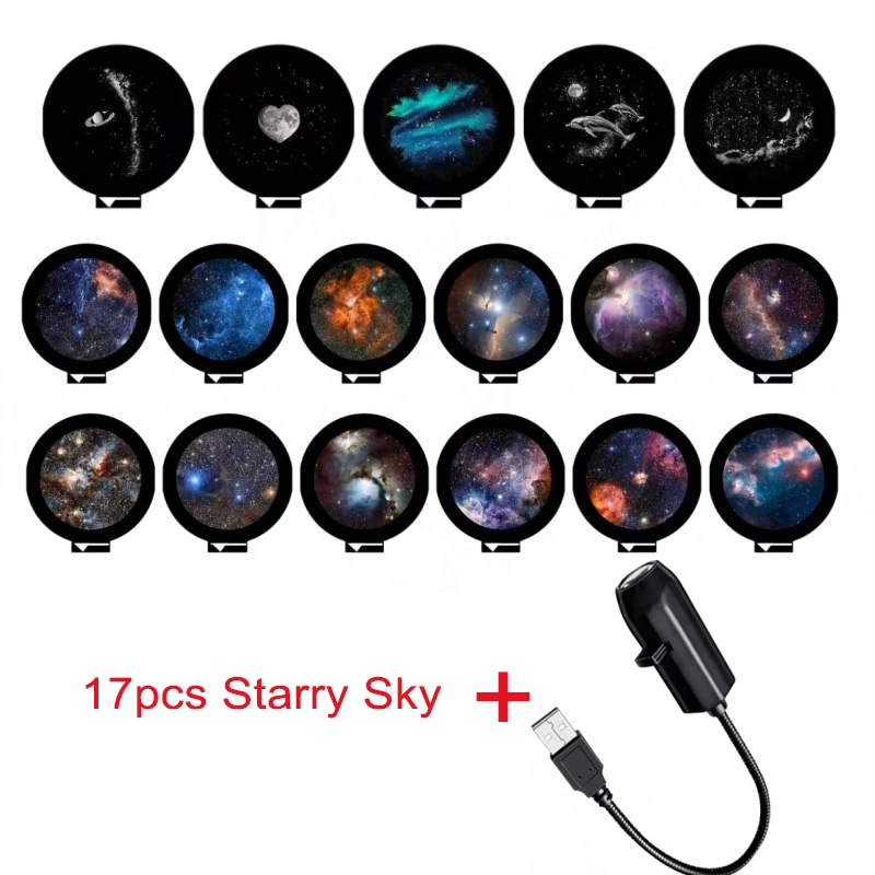 USB-Sternenhimmel-Projektorlampe 360° ° Drehbarer Flexibler Schlauch Planeten-Galaxie-Projektionslampe mit 17/12 Stück Filmslides für Schlafzimmer