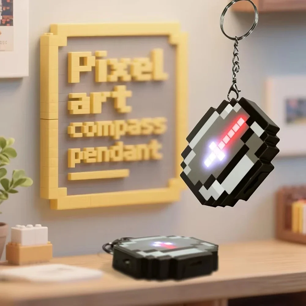 3D Pixel Compass Pendant Keychain Glow-in-the-Dark Gaming Themed USB Rechargeable Directional Indicator Simple Design Gift