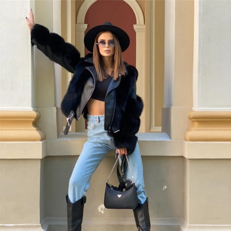 Black Notched Collar Faux Fur Jackets Zipper Short Furry Jackets Fluffy Warm Leather and Fur Faux Fox Plush Coats Luxury Stylish