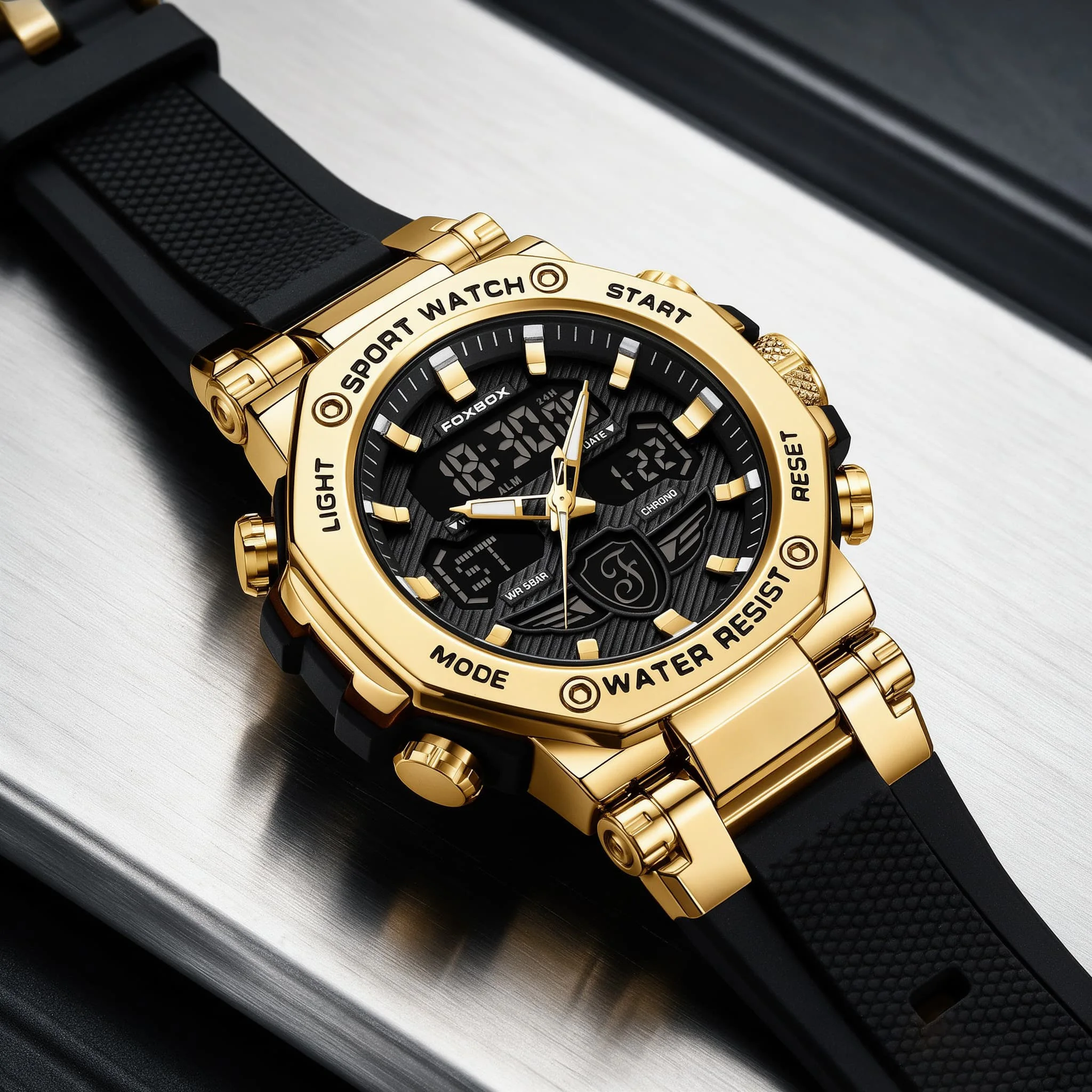 FOXBOX Sports Golden Man Wristwatches Fashion LED Display Luminous Sport G-Style Man Watch Waterproof Calendar Quartz Watch Mens+Gift Box