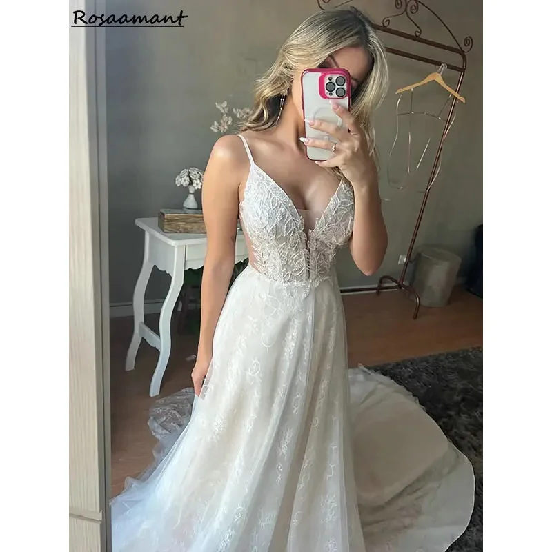 

2025 Spaghetti Straps Backless A-Line Wedding Dresses Illusion Appliques Lace Bridal Gowns Robe De Mariée