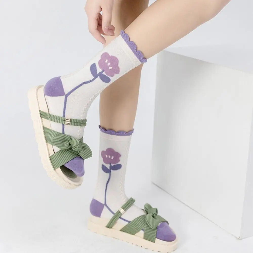 5Pairs الأرجواني سلسلة الأزهار جوارب أنبوبية زهرة Harajuku الفتيات منتصف العجل الجوارب تنفس الجوارب الحلو جورب النساء الخريف