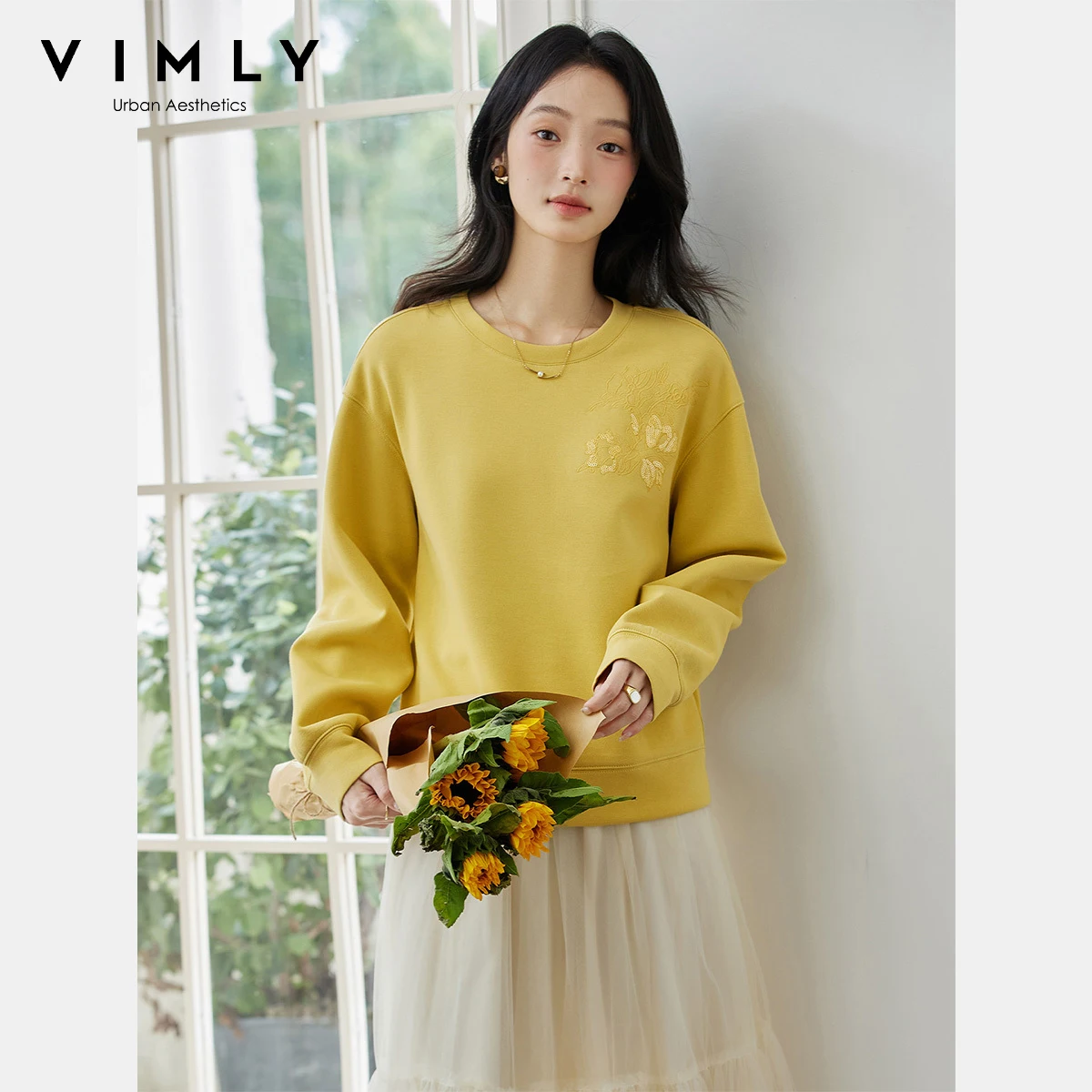 VIMLY Woman Sweatshirts Bead Embroider Round Neck Long Sleeve Ladies Tops Autumn 2025 Knitted Casual Sweatshirts Female A2171