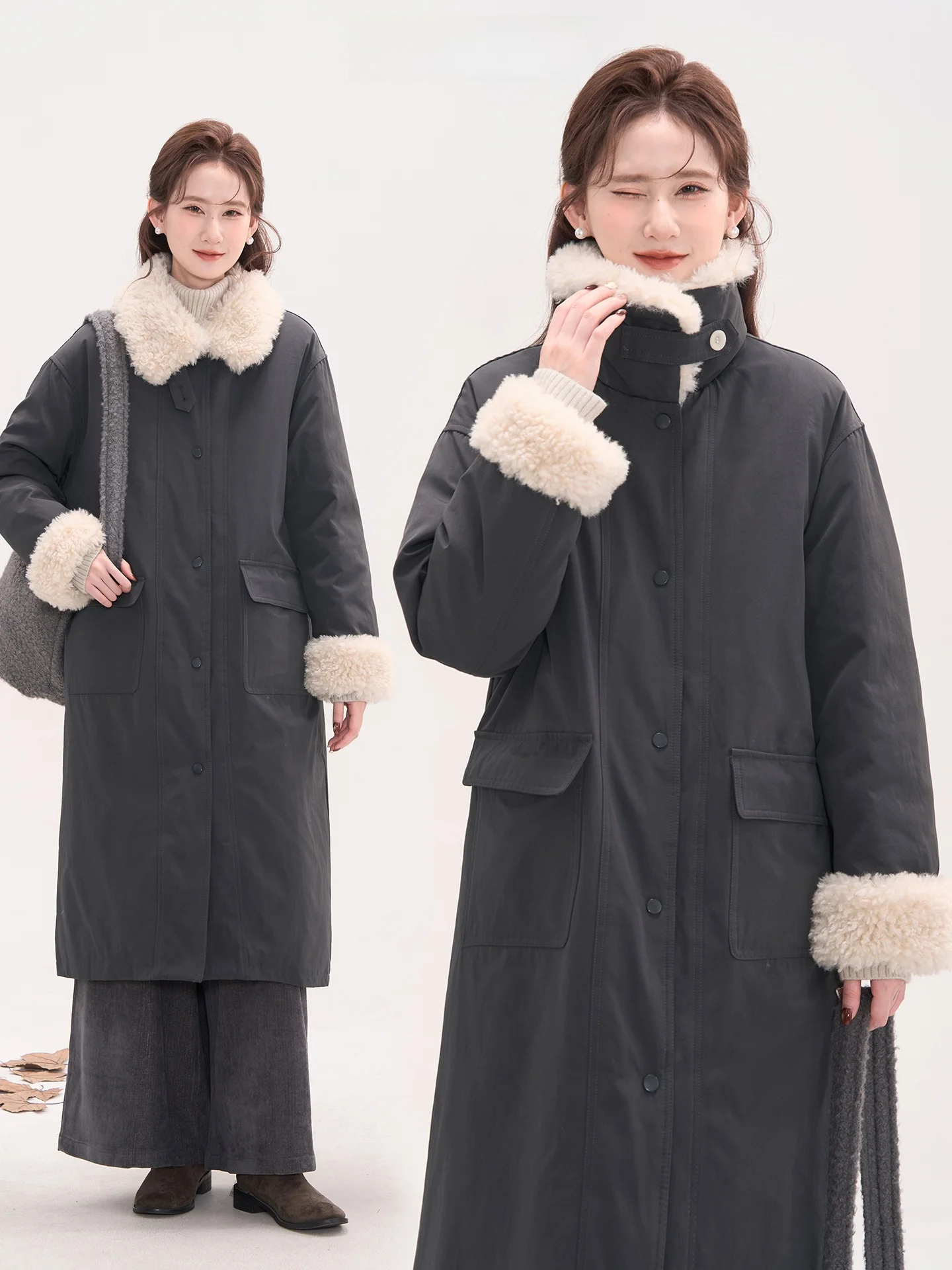 

Женская удлиненная ветровка Heme Vienna Night из хлопка с меховым воротником из овечьей шерсти, однотонная, для повседневной носки, утепленная, длинная...