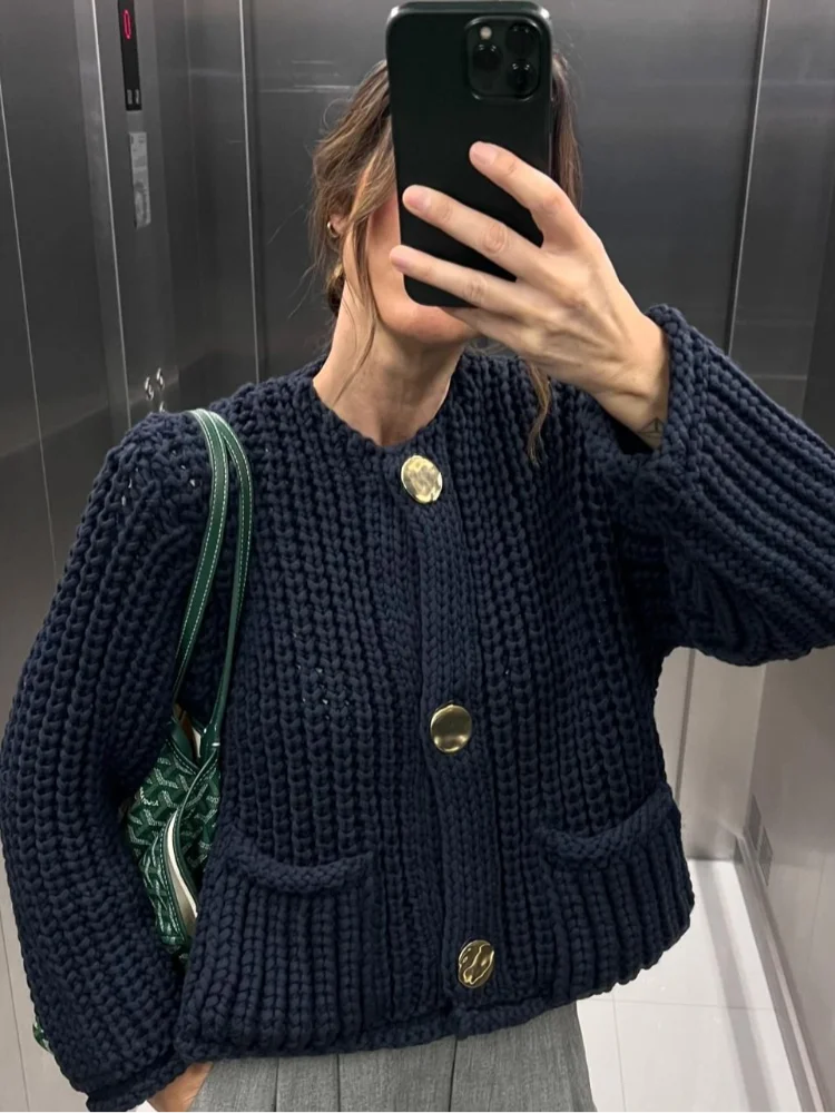 Cardigan élégant à col rond pour femme, simple boutonnage, manches longues, pull avec poche, monochromatique, streetwear haut pour femme, mode automne