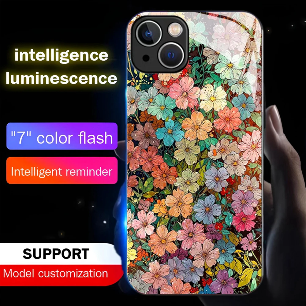 Pretty Flowers Bloom LED Calling Light Flash Phone Case Glitter Cover For iPhone Air 17 16 E 15 14 13 12 11 Pro Max Plus
