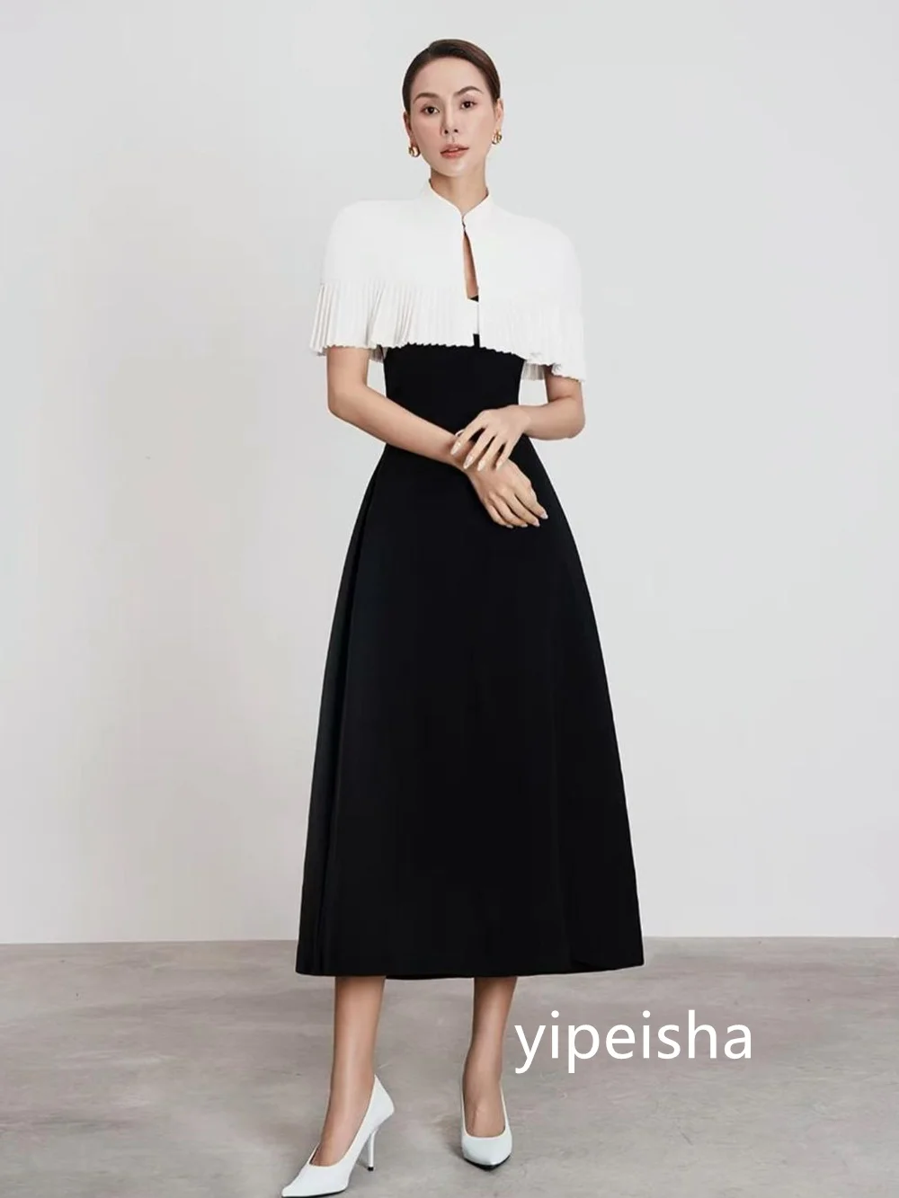 Customized Sexy Jersey Pleat A-line High Collar Midi Dresses Prom Dresses Classic Exquisite Modern Style Pastrol Unisex Chinese 