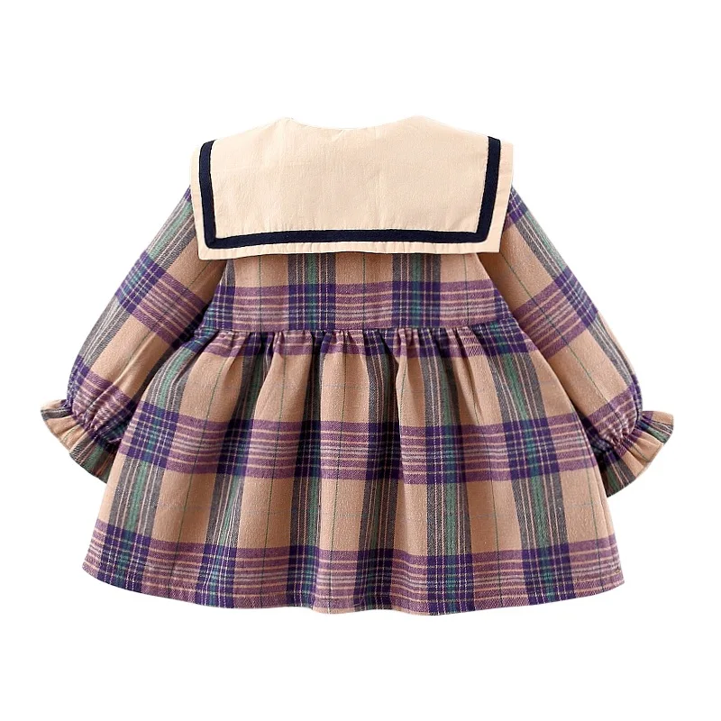 Girl\'s Long-sleeved Navy Plaid Dress Pleated Skirt Spring School Clothing Trends Girls Autumn Casual Dresses