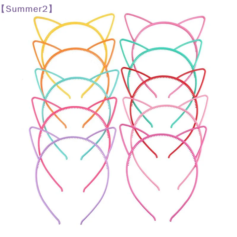 【Xia2】12/24Pcs Cute Cat Ears Hairband Solid Color Non-slip Plastic Headband For Children Random Color{S}