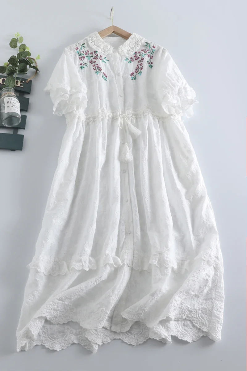 Summer New Sweet Embroidered Dress Women Short Sleeve Single Breasted Dress 923-29