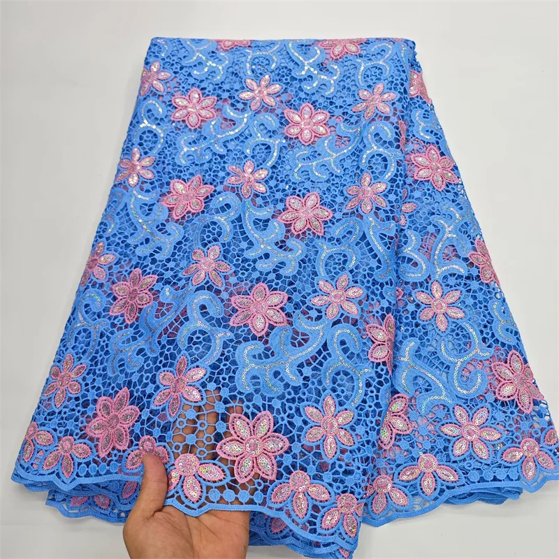 

African Guipure Cord Lace Fabric Sequins 2025 Blue/Pink Latest Nigerian Guipure Cord Lace for Women Party Dresses