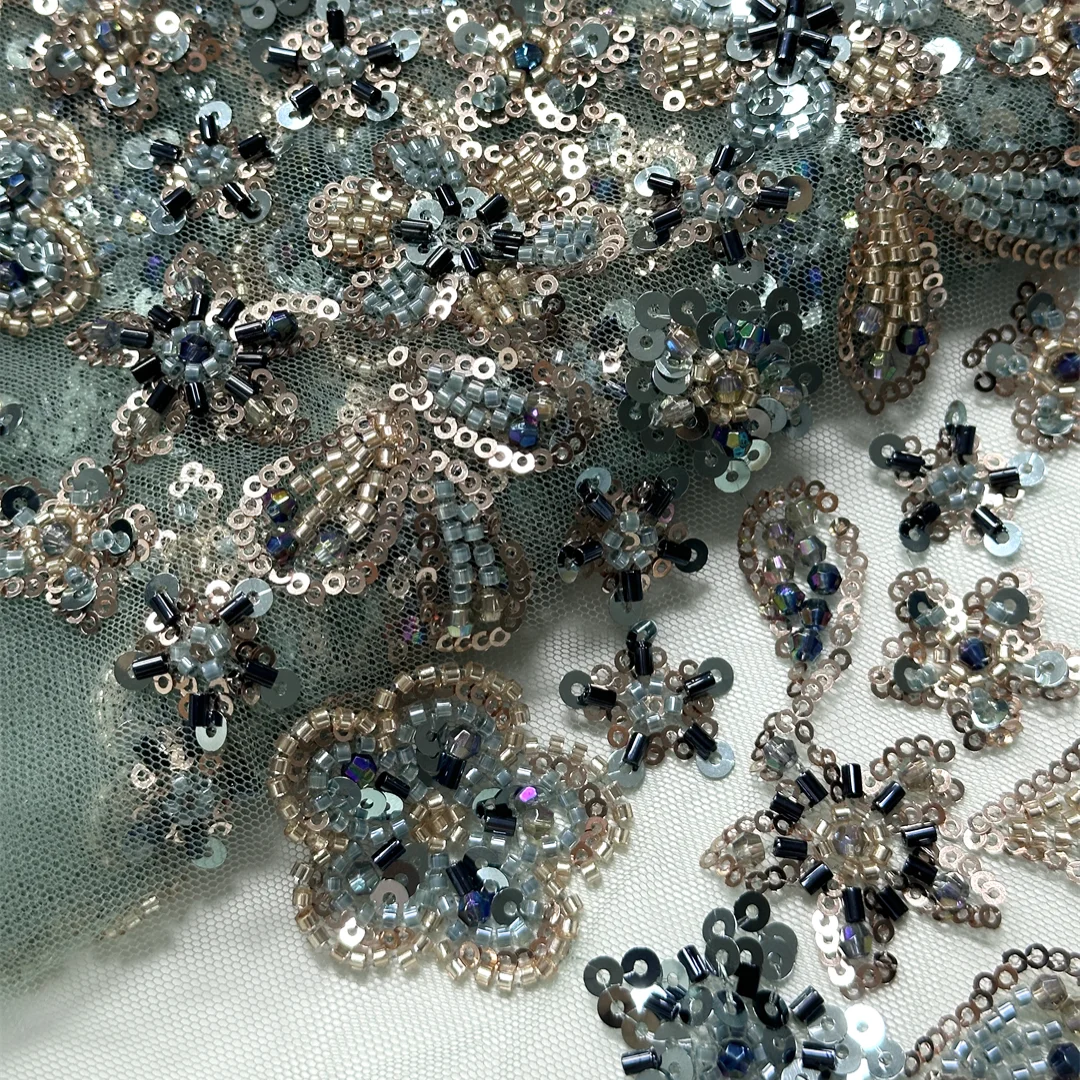 

New green Beaded Sequin Lace Fabric Floral Embroidery Tulle For Wedding Dresses Luxury Bridal Mesh Fabric For Sewing by yard