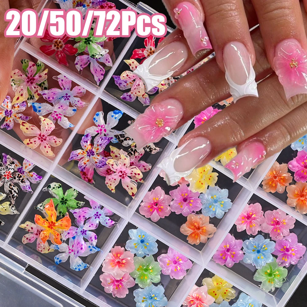 5D Gradient Cherry&Lily Blossom Flowers Nail Charms 8x10mm Mixed Ice-Crystal Lily Floret Nail Decor Gradient Flowers Nail Part