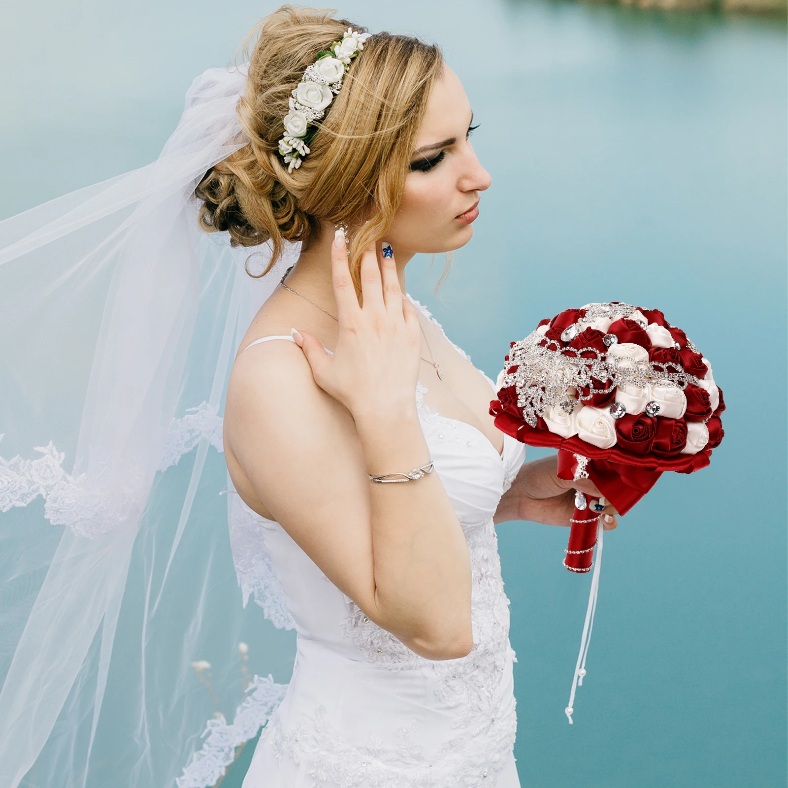 

Bridal Bouquet Flower Props with Rhinestones Satin Ribbon for Wedding Decor Artificial Roses Bridesmaid Rosebud DIY Floral