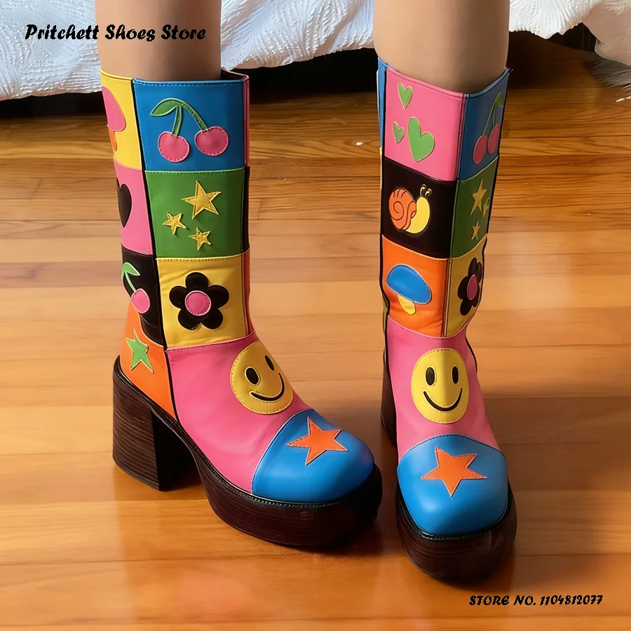 

Женские ботильоны на платформе с героями мультфильмов, весенне-осенняя повседневная трендовая обувь в уличном стиле, ботинки до середины икры на массивном каблуке с круглым носком