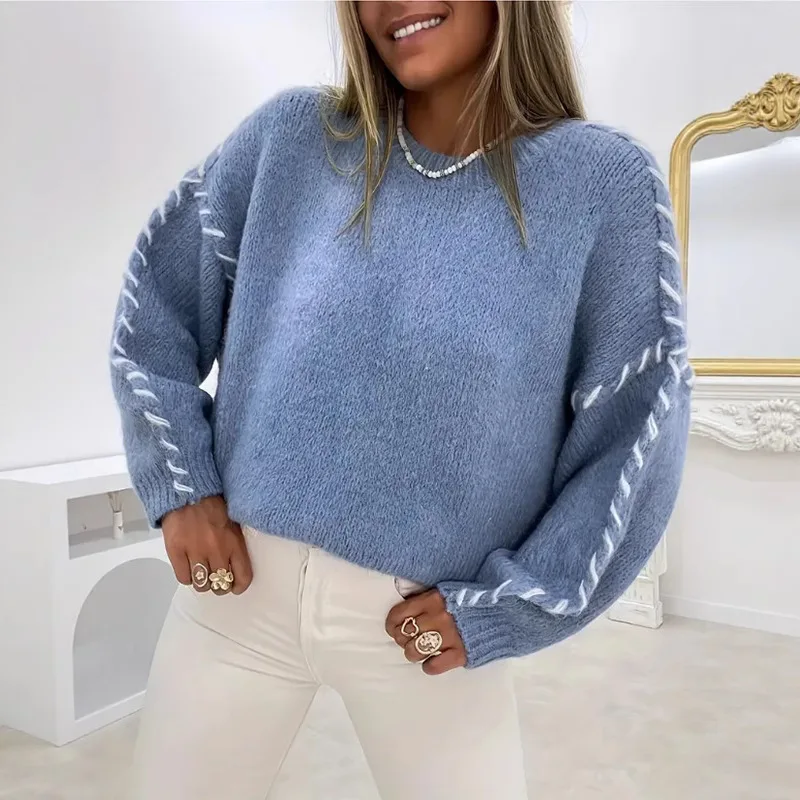 Women Knitted Pullovers Sweaters Solid Jumper Laced Drawstring Round Neck Long Sleeve Slight Strech Loose Fit Casual 2025 Autumn