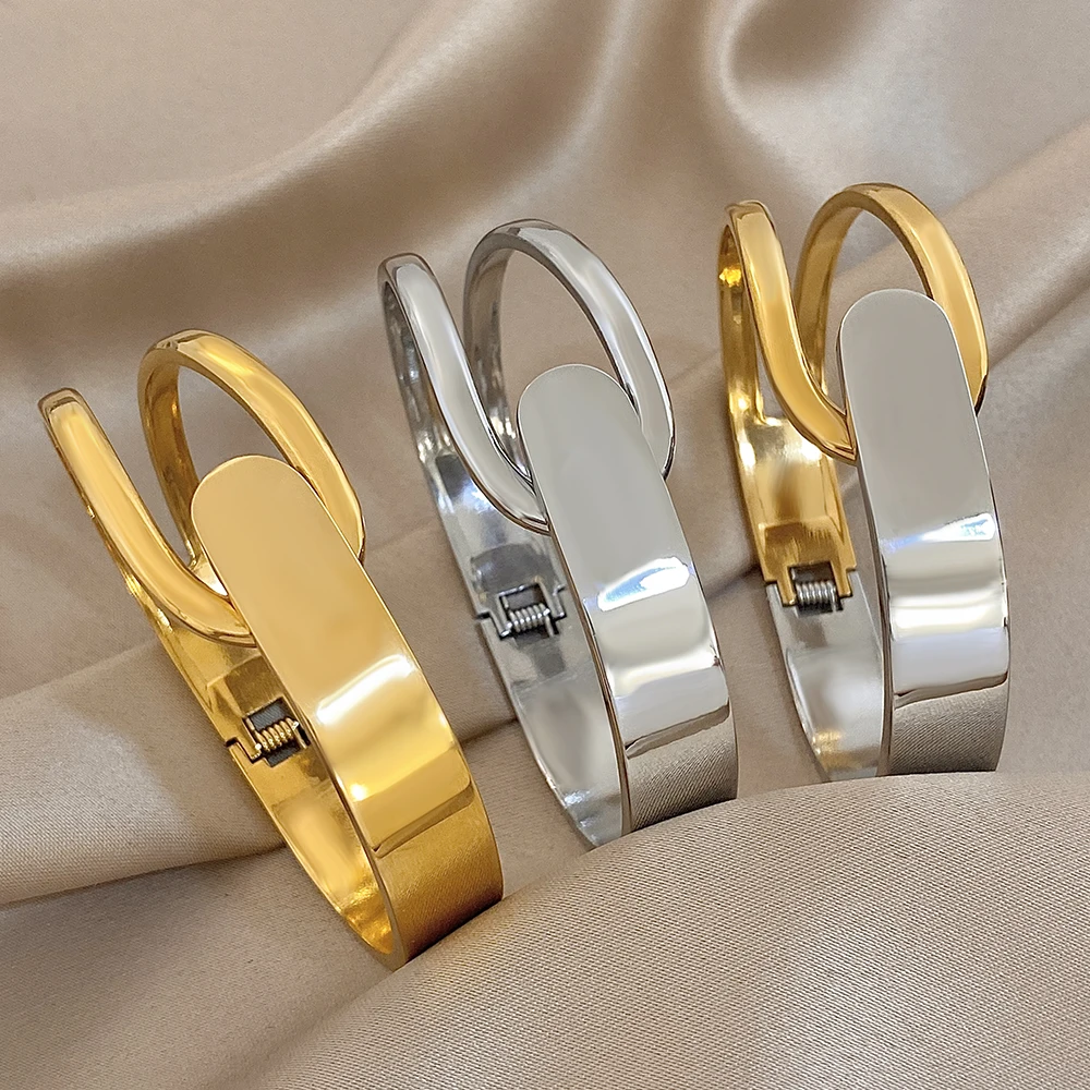 

Freetry Glossy Stainless Steel Round Open Bangle Bracelet for Women Gold Color Geometric Wide Spring Bangle Waterproof Jewelry
