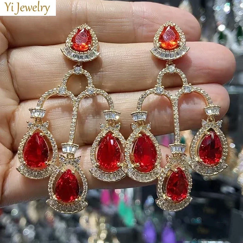 

Luxury Jewelry Earrings for Women Wedding Evening Party Jewelry Shiny Zircon Red Water Drop Dangle Earrings Female Gift