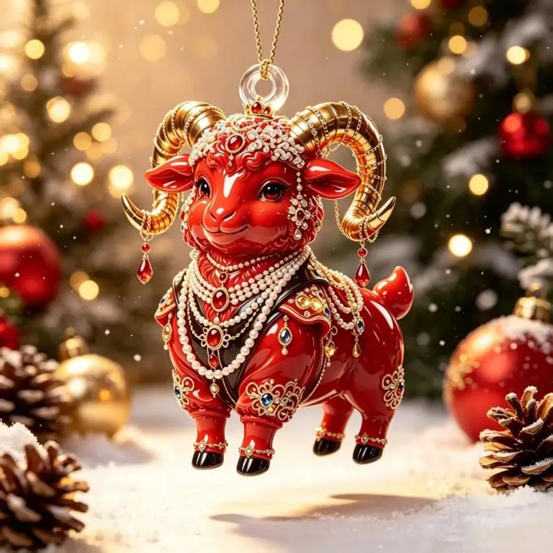 Acrylic Chinese Zodiac Goat Hanging Ornament Auspicious Red Gold Pattern for Wedding Good Wish Hanging Decor