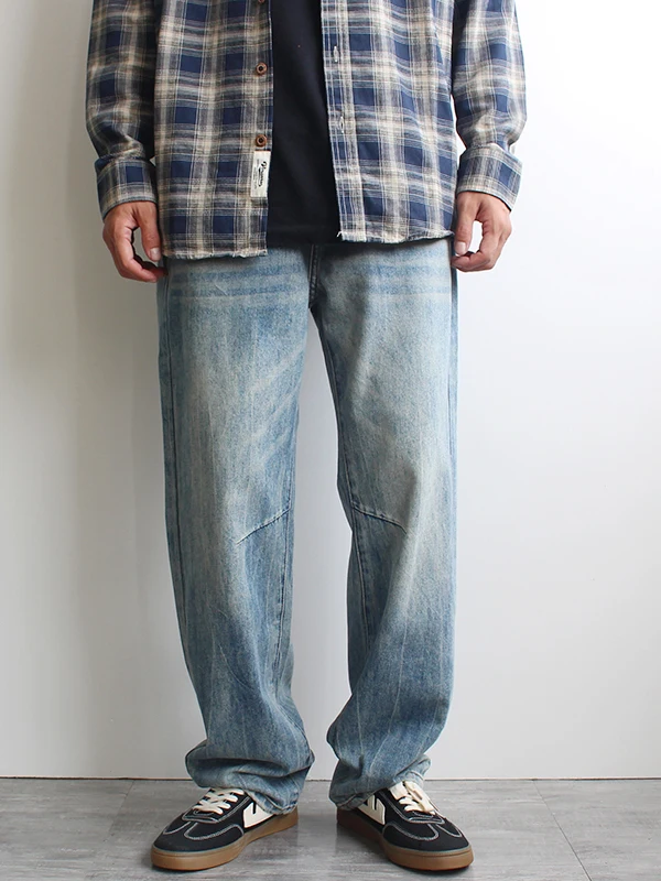 Stonewashed Hellblaue Denim-Jeans für Herren für Frühling und Herbst, lockere, gerade Beinhose, große Größe, trendige, lässige, vielseitige Hose