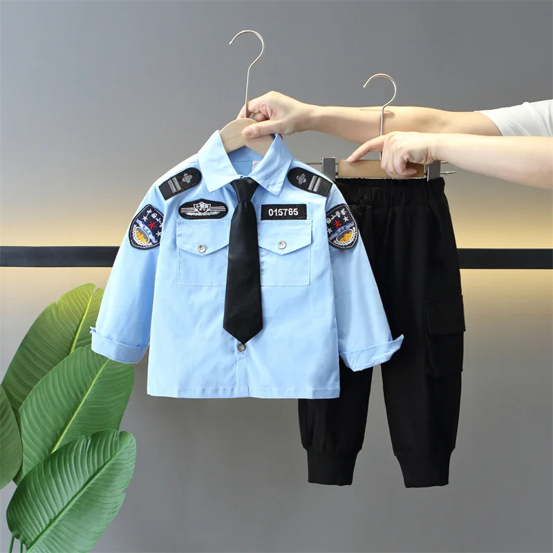 Children\'s pure cotton police uniform set, children\'s traffic police uniform, baby hat, performance clothing, boys\' police offic