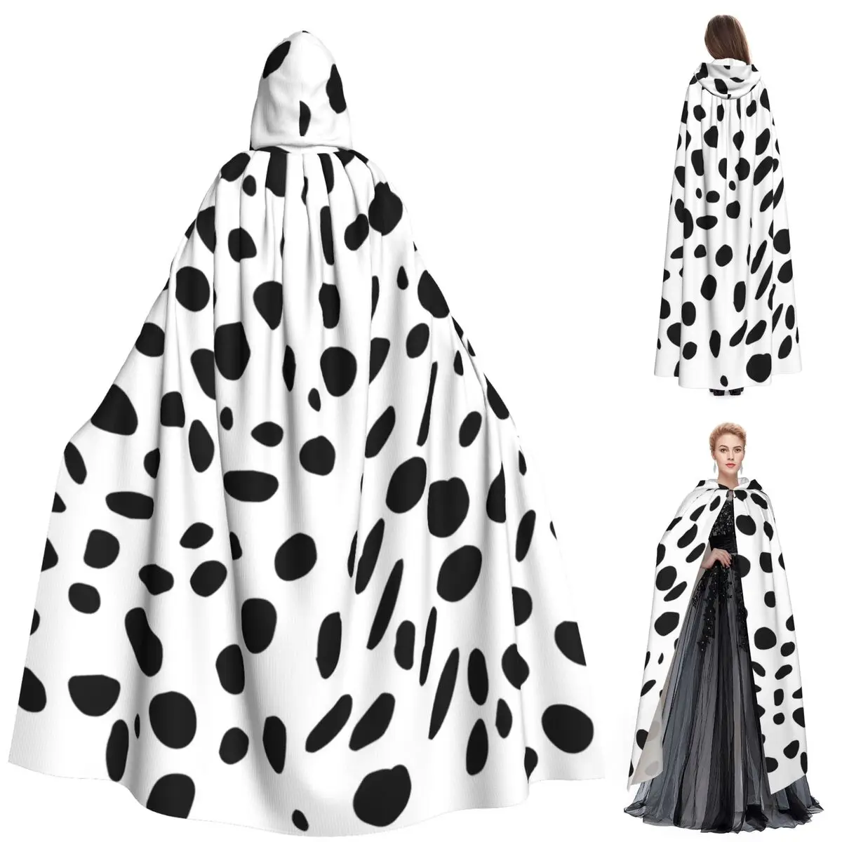 الدلماسية الحيوان طباعة نمط طويل مقنعين عباءة الساحرة القرون الوسطى زي تأثيري كيب هالوين معطف الكبار للجنسين