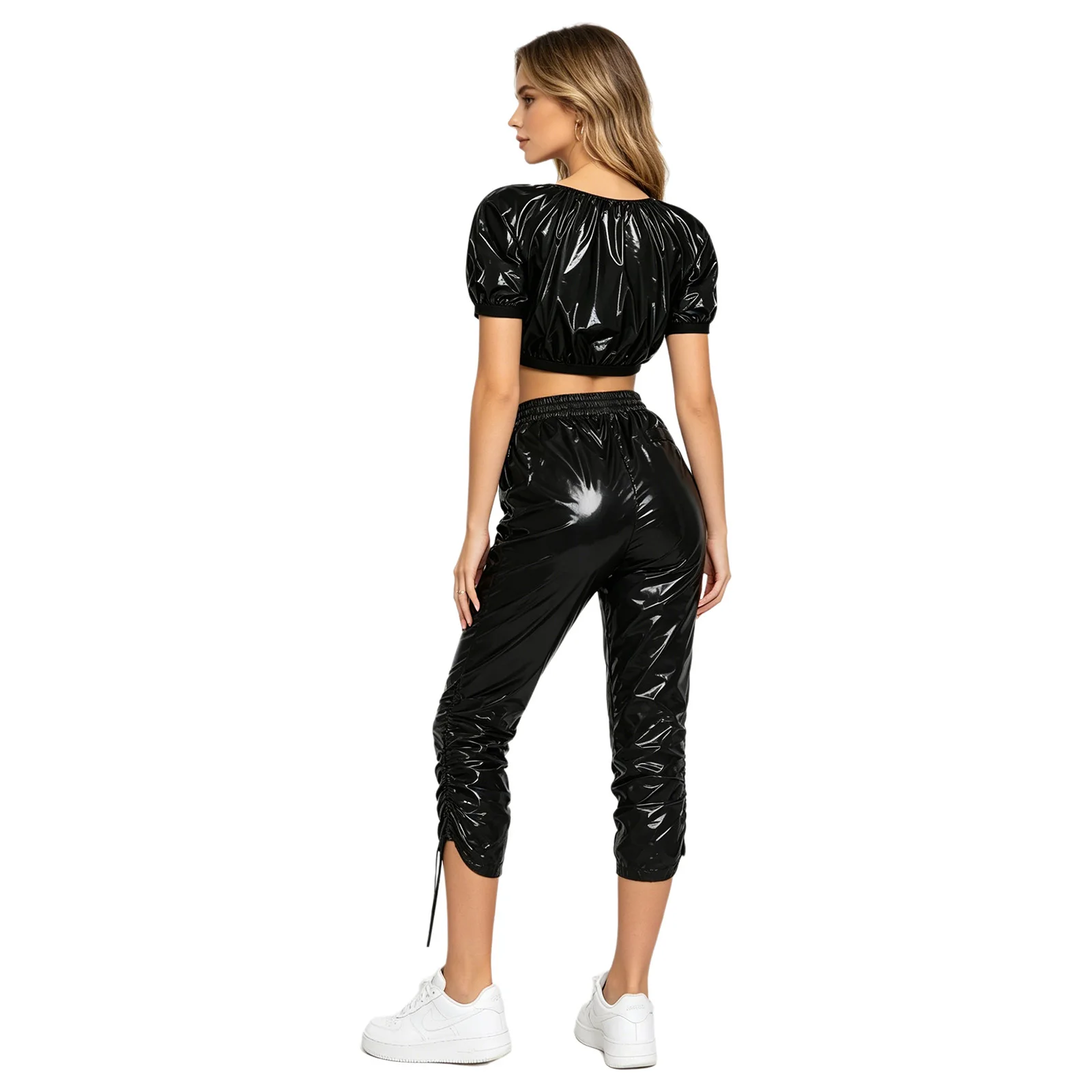 Women Waterproof Glossy Outfit Short Sleeve Crop Top and Drawstrings Leg Sides Capri Pants for Workout Party Swimwear Beachwear - view 2