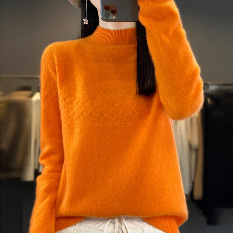 New 100% Cashmere Sweater Women's Mock Neck Pullover Long Sleeve Loose Fashion Cashmere Sweater Women's Autumn And Winter