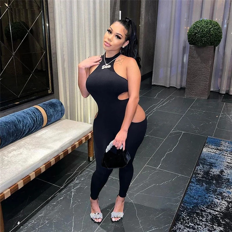 Women Summer Solid Hollow Out Jumpsuit Sexy Halter Sleeveless Backless Body-Shaping One Piece Rompers Streetwear