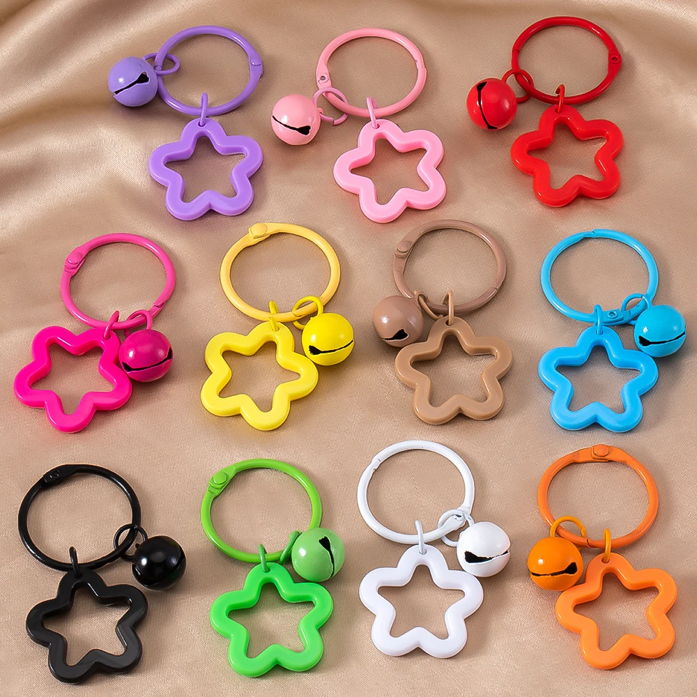 

10pcs Metal Keyrings With Hollowout Star Bells Pendant Colored Keychain For Diy Jewelry Making Key Ring Decoration Accessories