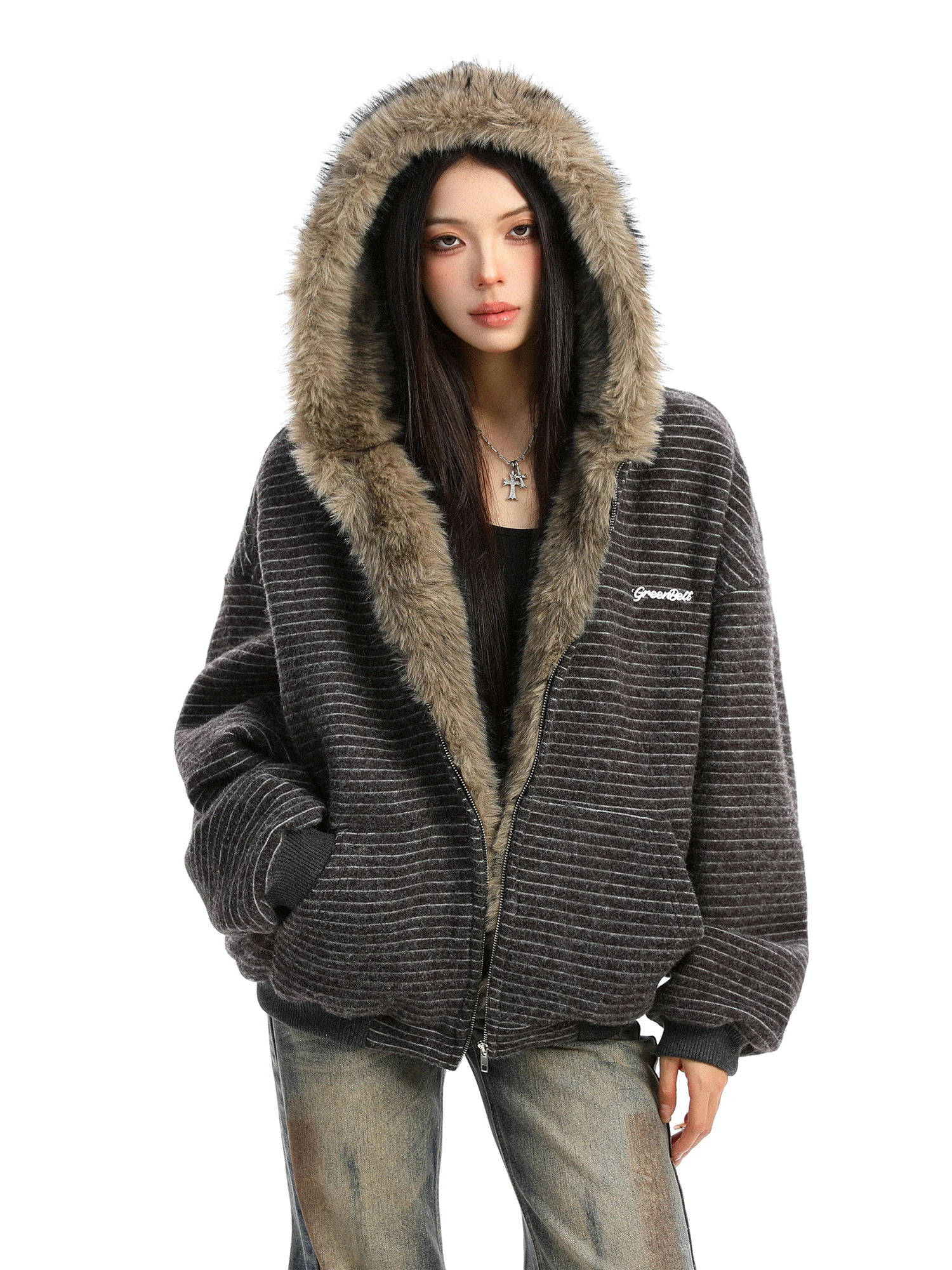 

Biggold American Retro Striped Splicing Fur Collar Hooded Cotton Jaet Women Winter Loose Cotton Coat Outerwear Street Sle