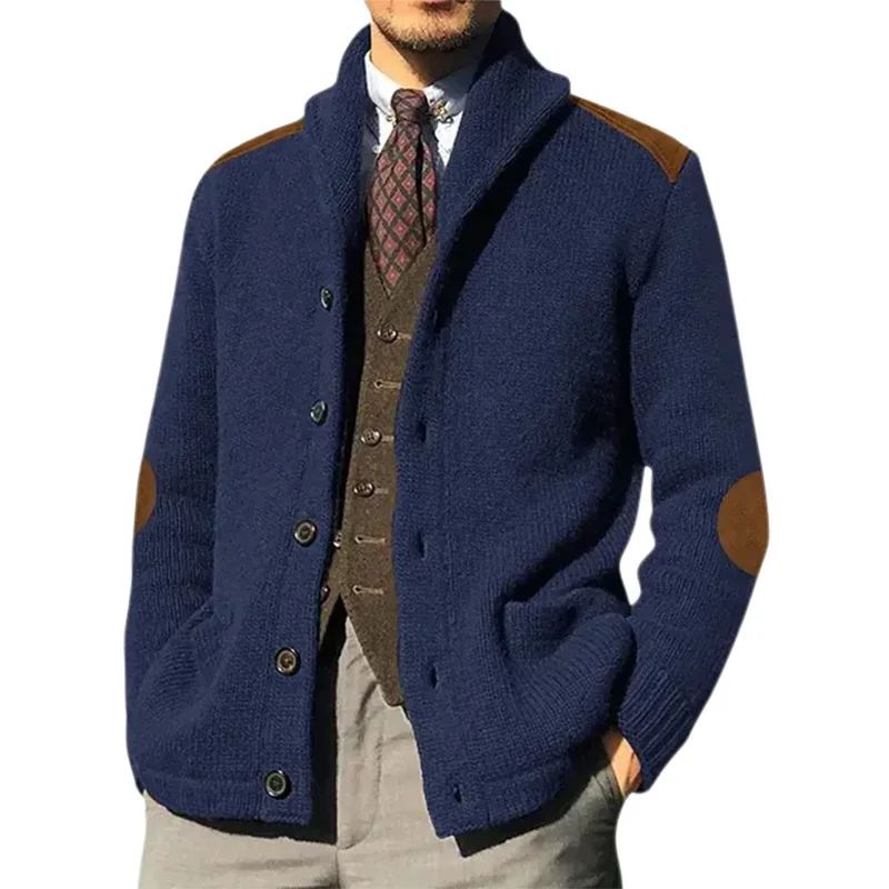 Autumn And Winter Sweater Pu Splicing Lapel Long-sleeved Knitted Cardigan Jacket Large Size Men's Sweater