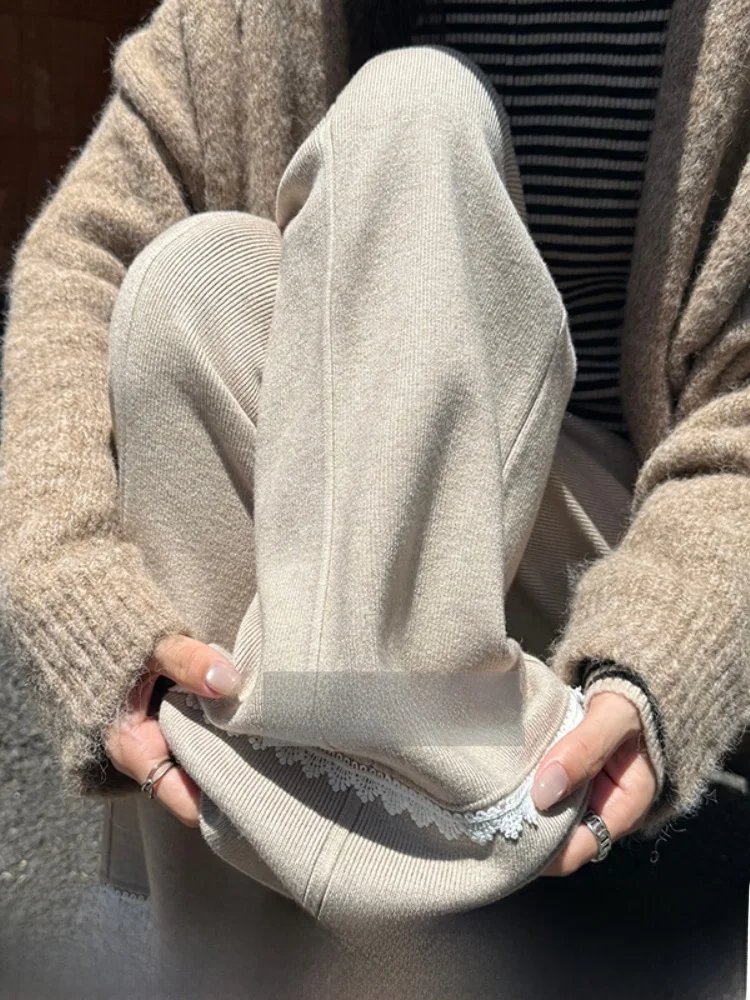 Oaeal fce forrado calças de perna larga calças de perna reta feminina micro queimado calças de cintura alta coreano sle commute vento