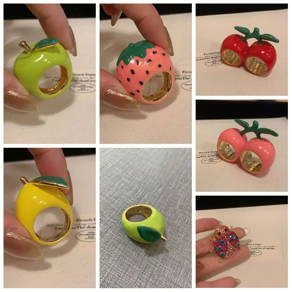 Vintage Erdbeere Tropf Öl Ring Zitrone Kirsche Malerei Ring koreanischen Stil Minderheit Design Obst Emaille Ring Dekoration